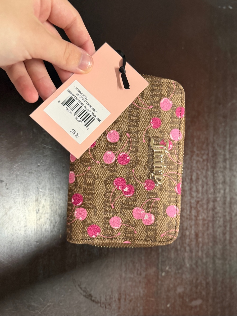 Juicy Couture Brown Cherry Print Zip Card Holder with Pink Accents